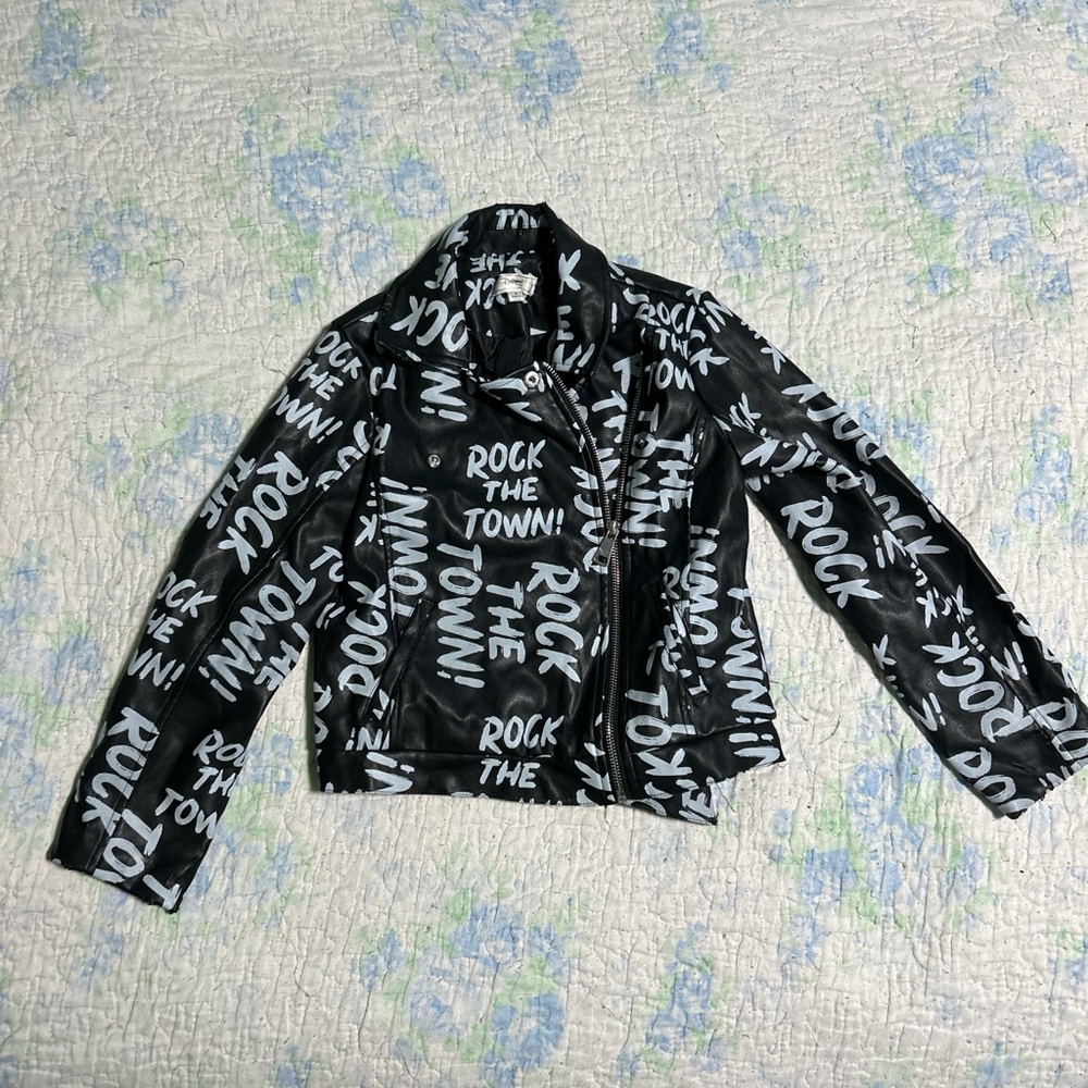 Kids “ROCK THE TOWN” black and white leather jacket